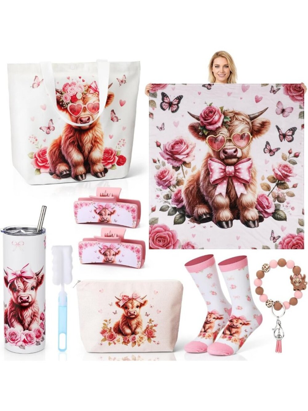 8-Piece Pink Highland Cow Gift Set for Women - Tumbler, Blanket, Tote & More!